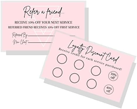 Referral & Loyalty Discount Card | 50 Pack | 3.5 x 2" inches Business Card Size | Business Referrals | Loyalty Punch Cards | Soft Pink Design