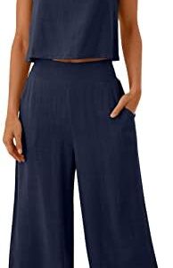 Women's Summer 2 Piece Outfits 2023 Sleeveless Tank Crop Button Back Top Cropped matching set Wide Leg Pants Pockets