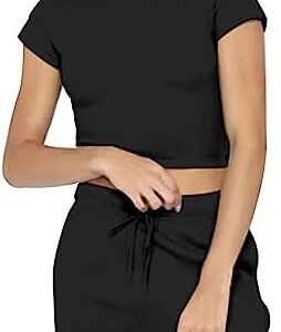 Women's 2023 Summer Casual Short Sleeved Solid Round Neck Elastic Waist High Waisted Top Shorts Two-Piece Set