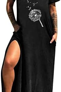 perfectbot Women's 2023 Summer Casual LoosePrinted V-Neck Relaxed Fit Short Sleeved Long Slit Pocket Dress
