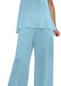 Womens Two Piece Summer Sets Fashion Crew Neck Sleeveless Tank Tops and Solid Loose Wide Leg Pants 2 Piece Outfits