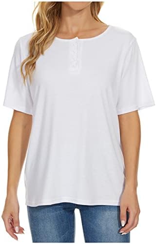 Womens Summer Henley Tops Short Sleeve Casual Basic T-Shirts Round Neck Button Up Soft Comfy Loose Blouse Tees
