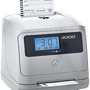 Pyramid Time Systems Model 4000 Auto Totaling Time Clock, 50 Employees, Includes 25 time Cards, Ribbon, 2 Security Keys and User Guide, Made in USA, Silver, "7.25""h x 7""w x 6.75"" d"
