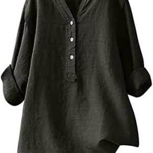 Women's Linen Tunic Tops Summer Fashion V-Neck 3/4 Roll up Sleeve Loose Button Solid Cotton Blouse Going Out Tops