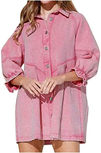 Shirt Dress for Women Summer Plus Size Button Down Lantern Sleeve Denim Tshirt Dresses Casual Jean Dress Tunic Top