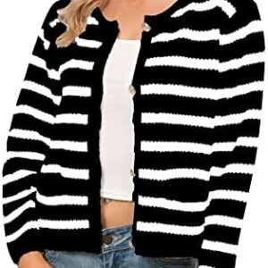 jsarle Womens Striped Cardigan Sweaters Open Front Button Down Crewneck Long Sleeve Knitted Pullover Tops Fall Fashion 2022