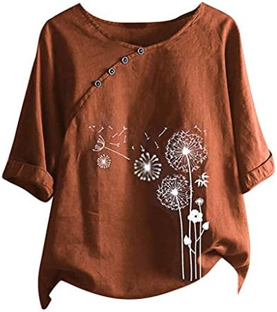 Womens Linen Tops Solid Flower Printed Shirts Crewneck Cotton Tops Short Sleeves Plus Size Loose Blouses - Image 4