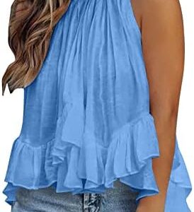 Womens Shirts Summer Fashion Crewneck Ruffle Hem Halter Tops 2023 Casual Dressy Pleated Blouses Elegant Tshirt Tunic
