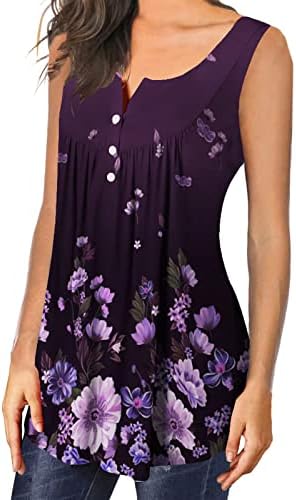 Summer Women Flowy Tank Tops Button V Neck Sleeveless Blouse Floral Print Pleated Ruffle Vest Shirts Henley Tops