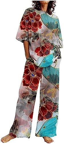 Women's 2023 Summer Casual Loose Fitting Cotton Linen Printed Short Sleeved Shirt Set Casual Two-Piece Set