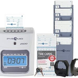 Pyramid Time Systems 2500K1 Bundle, Includes Model 2500 Auto Aligning and Top Loading Time Clock, 100 time Cards, Two Ink Ribbon cartridges, one 10 Slot time Card Rack and Two Security Keys