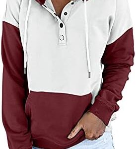 MRGIINRI Womens 2023 Hooded Button Collar Drawstring Hoodies Pullover Sweatshirts Dressy Casual Long Sleeve Tops with Pocket