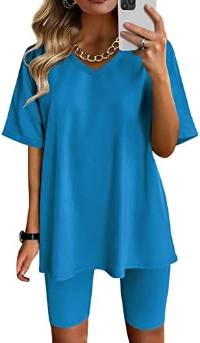 Two Piece Summer Sets for Women Fashion Casual Short Sleeve V Neck Tops and Biker Shorts Lounge Set 2 Piece Outfits