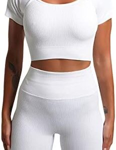 Women's Leisure Fashion Fitness Running Yoga Solid Short Sleeve Square Neck Top Shorts Set