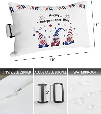 Funy Decor Outdoor Waterproof Lumbar Pillow American Flag Gnome Lounge Chair Pillow Stripes Stars Banner Head Resting Pillow with Adjustable Strap for Patio Recliner Office Car Seat Sofa 1 Pc - Image 3