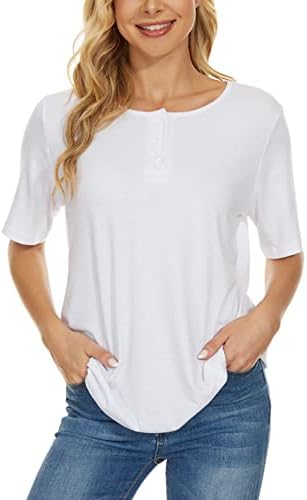 Womens Summer Henley Tops Short Sleeve Casual Basic T-Shirts Round Neck Button Up Soft Comfy Loose Blouse Tees - Image 2