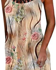 perfectbot Women's 2023 Summer Casual Loose Retro Printed V-Neck Pullover Short Sleeved Beach Dress with Pockets