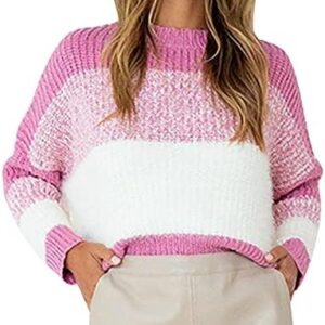 jsarle Cozy Sweaters for Women Classic-Fit Lightweight Crewneck Long Sleeve Color Block Patchwork Knitted Pullover Tops