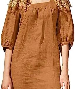 perfectbot 2023 Summer Casual Loose Quare Neck Cotton Linen with 5/4 Sleeve Bubble Sleeves Fitting Short Skirt