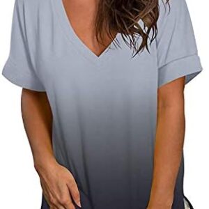 Tops for Women Casual Summer Guadient Color T-Shirt V Neck Tees Short Sleeve Loose Tunic Comfy Blouses