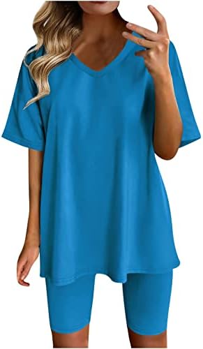 Two Piece Summer Sets for Women Fashion Casual Short Sleeve V Neck Tops and Biker Shorts Lounge Set 2 Piece Outfits - Image 2