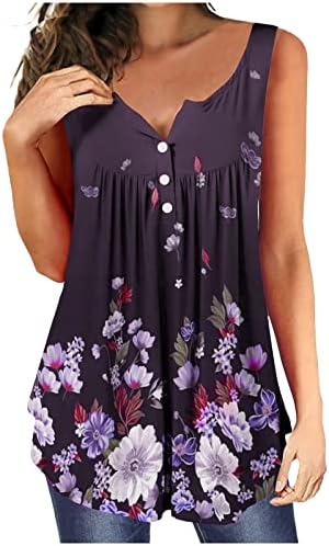 Summer Women Flowy Tank Tops Button V Neck Sleeveless Blouse Floral Print Pleated Ruffle Vest Shirts Henley Tops - Image 2