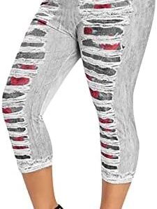 Perfectbot Women's Oversized Imitation Denim Printed Sports Leggings Loose Fit Summer Floral Printed Yoga Pants