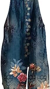 Women's 2023 Summer Sleeveless Printed Cotton Linen Loose Jumpsuit Lace-Up Pants with Pockets