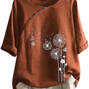 Womens Linen Tops Solid Flower Printed Shirts Crewneck Cotton Tops Short Sleeves Plus Size Loose Blouses