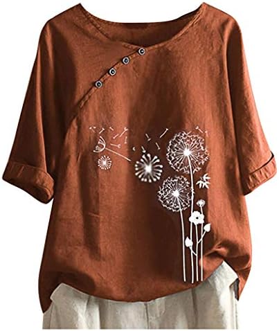 Womens Linen Tops Solid Flower Printed Shirts Crewneck Cotton Tops Short Sleeves Plus Size Loose Blouses