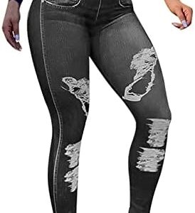 Perfectbot Women's Summer Casual Imitation Denim Printed Sports Leggings with Hip Lifting Yoga Pants