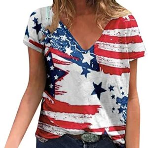 jsarle 4th of July Tops for Women Fashion American Flag Tunic Short Sleeve V-Neck T-Shirts Memorial Day Tee Shirts Blouse
