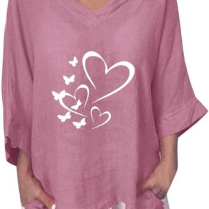 Womens Tops Dressy 2023 Summer Fashion Cotton Linen 3/4 Sleeve Tshirt Dressy V Neck Heart Blouses Oversized Cute Shirts Tunic