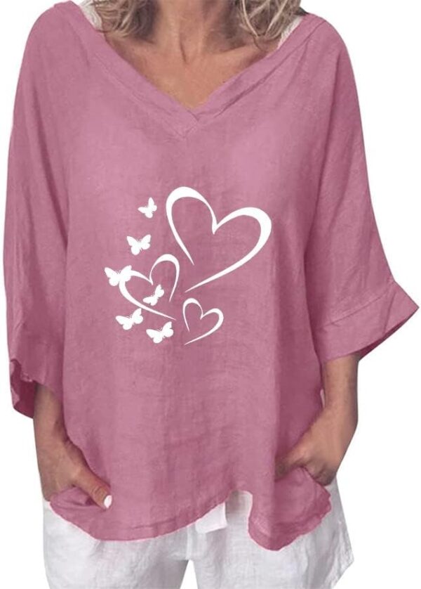 Womens Tops Dressy 2023 Summer Fashion Cotton Linen 3/4 Sleeve Tshirt Dressy V Neck Heart Blouses Oversized Cute Shirts Tunic