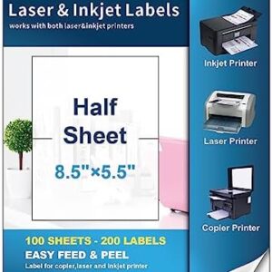 Labelchoice 100 Sheets 200 Labels Half Sheet Self Adhesive Shipping Labels for Laser & Inkjet Printers, 8.5" x 5.5" Shipping Mailing Labels, 2 per Page Shipping Labels, 5 1/2 x 8 1/2 Half Sheet Labels
