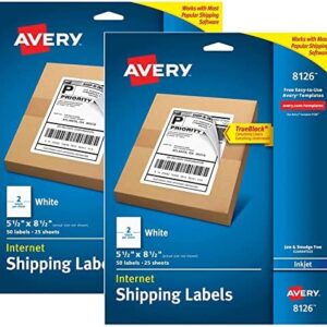 Avery Printable Shipping Labels, 5.5" x 8.5", White, 50 per Pack, 2 Packs, 100 Blank Mailing Labels (8126)