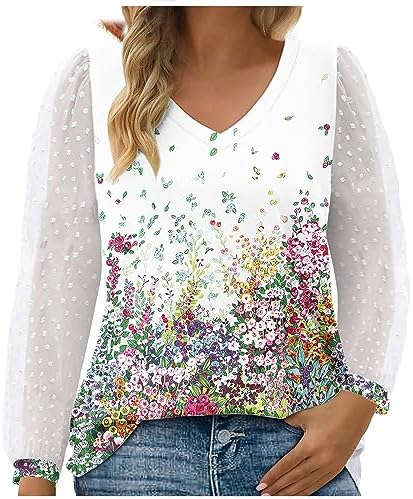 Womens Fall Tops V Neck Lace Sleeve Blouses Fashion Plus Size Fashion Floral Casual Dressy T Shirts Elegant Pullover