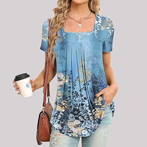 Womens Summer Tops Hide Belly Fat Shirts 2023 Casual Dressy Square Neck Blouses Floral Plus Size T-Shirts Cute Tunic - Image 2