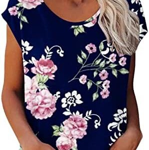 MRGIINRI Womens Tops 2023 Dressy Casual Cap Sleeve Crewneck Tshirts Summer Fashion Floral Loose Fitted Basic Tees Blouse