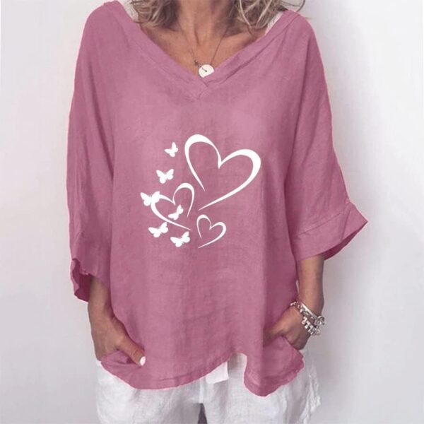 Womens Tops Dressy 2023 Summer Fashion Cotton Linen 3/4 Sleeve Tshirt Dressy V Neck Heart Blouses Oversized Cute Shirts Tunic - Image 2