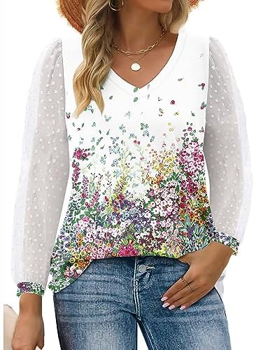 Womens Fall Tops V Neck Lace Sleeve Blouses Fashion Plus Size Fashion Floral Casual Dressy T Shirts Elegant Pullover - Image 2