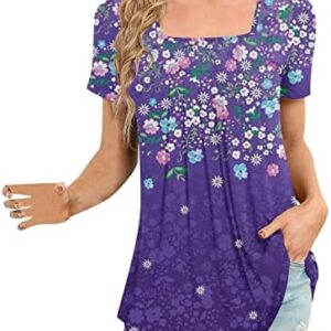 MRGIINRI Women's 2023 Summer Tops Dressy Casual Short Sleeve Square Neck Pleated Blouse Loose Flowy Tunic Top for Leggings