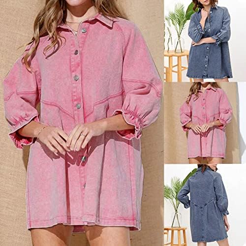 Shirt Dress for Women Summer Plus Size Button Down Lantern Sleeve Denim Tshirt Dresses Casual Jean Dress Tunic Top - Image 2