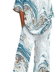Women's 2023 Summer Printed Round Neck Top+Pants Crop Top and High Waisted Shorts Loungewear Set