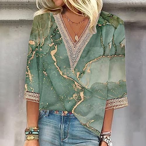 3/4 Sleeve Tees for Women Summer Womens V Neck Lace Crochet Flowy 3/4 Sleeve Casual Shirts Blouses Tops - Image 2