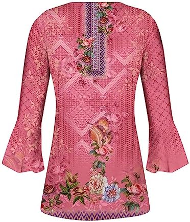 Dademeo Women Fall Tunic Tops Loose 3/4 Flare Sleeve Empire Waist Hide Belly Blouses Casual Pleated Button V Neck T-Shirts - Image 5