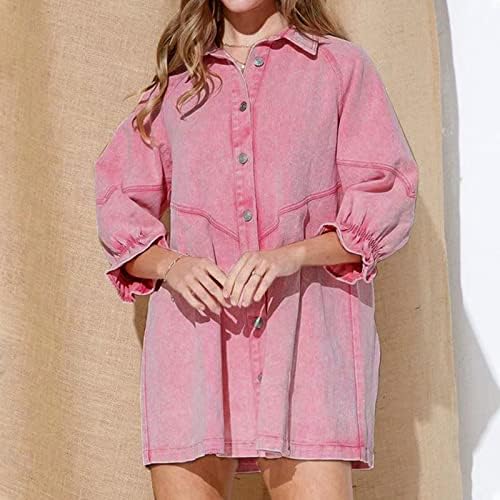 Shirt Dress for Women Summer Plus Size Button Down Lantern Sleeve Denim Tshirt Dresses Casual Jean Dress Tunic Top - Image 3