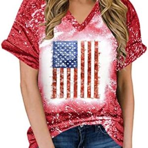 MRGIINRI American Flag Shirts for Women 2023 Patriotic Vintage USA Flag Bleached T-Shirt Short Sleeve 4th of July Tee Tops