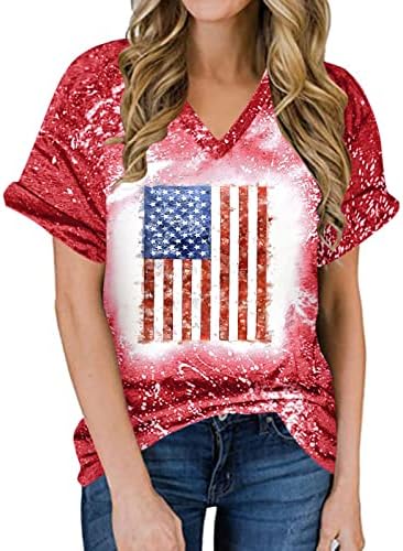 MRGIINRI American Flag Shirts for Women 2023 Patriotic Vintage USA Flag Bleached T-Shirt Short Sleeve 4th of July Tee Tops