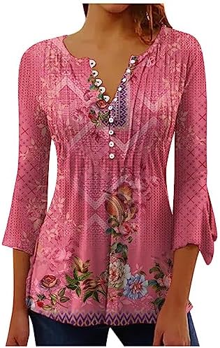 Dademeo Women Fall Tunic Tops Loose 3/4 Flare Sleeve Empire Waist Hide Belly Blouses Casual Pleated Button V Neck T-Shirts